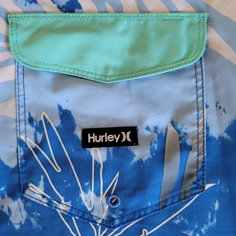 Hurley Board‎ Shorts Mens 34 Blue Tie Dye Tropical Palm Leaf Swim Trunks Surf